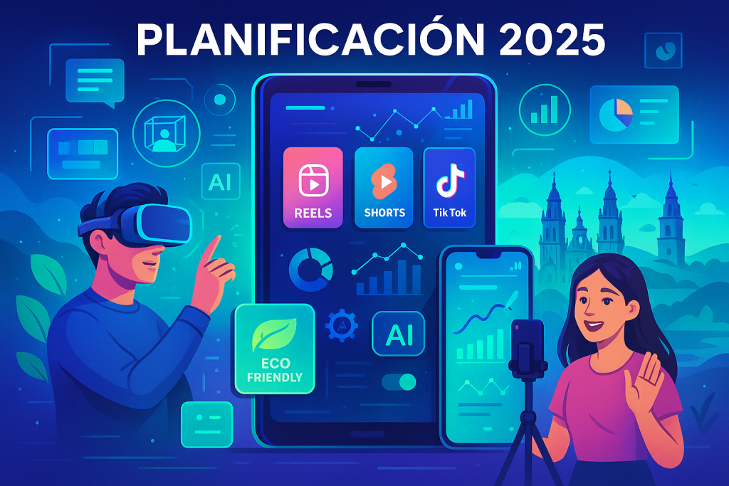 Infografía sobre la planificación de contenidos visuales en 2025, que destaca tendencias clave como formatos verticales, contenido interactivo, AR/VR, IA, narrativa emocional, optimización móvil, sostenibilidad, personalización y colaboración con influencers, con enfoque local en Galicia y Santiago de Compostela.