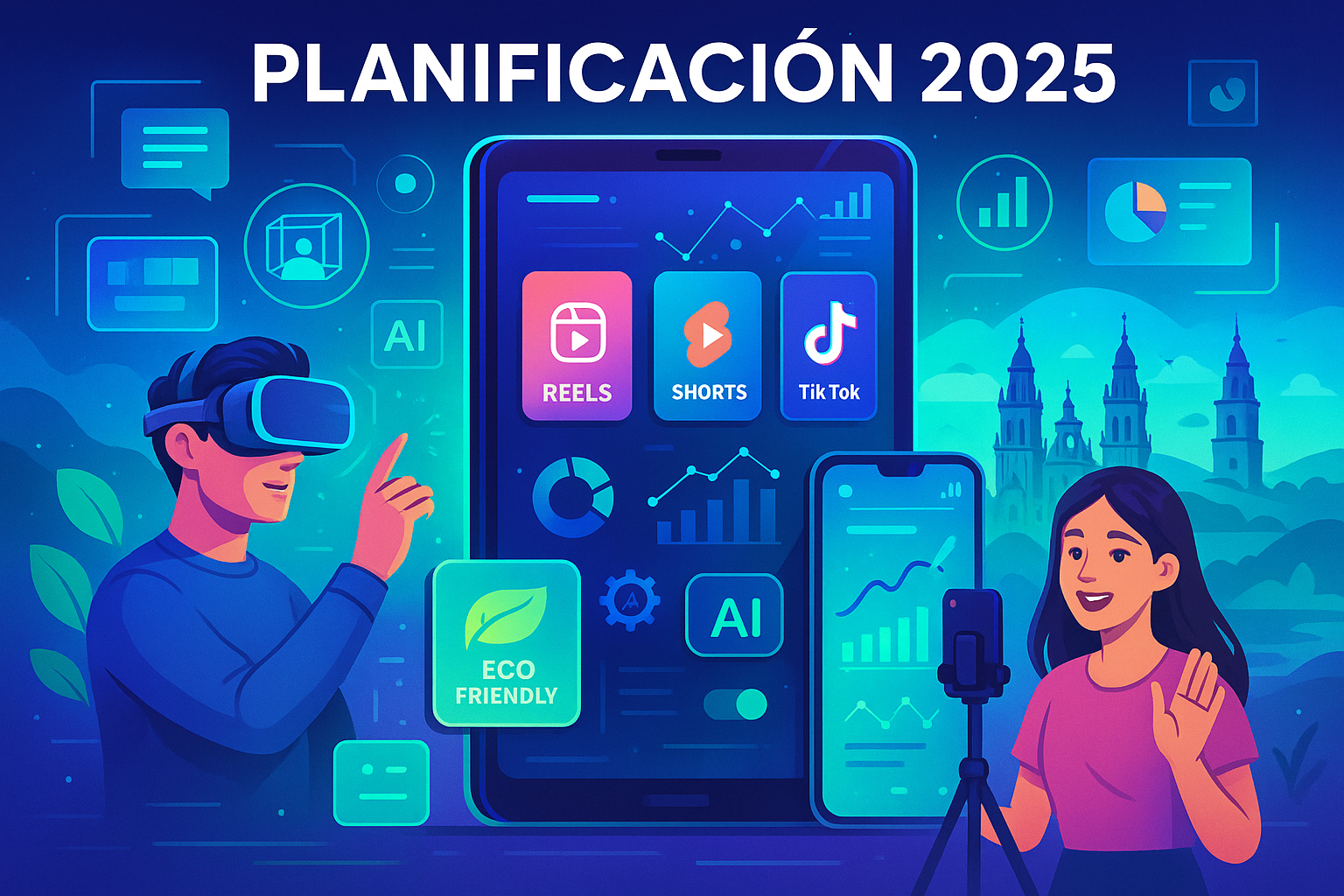 Infografía sobre la planificación de contenidos visuales en 2025, que destaca tendencias clave como formatos verticales, contenido interactivo, AR/VR, IA, narrativa emocional, optimización móvil, sostenibilidad, personalización y colaboración con influencers, con enfoque local en Galicia y Santiago de Compostela.