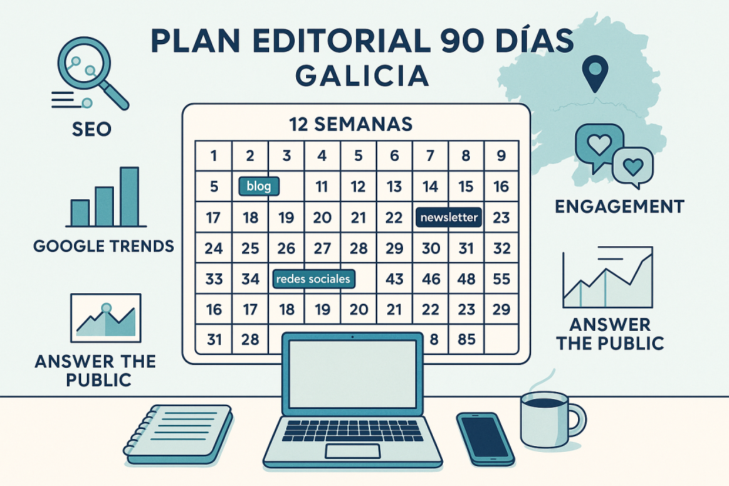 Esquema de plan editorial 90 días con objetivos SMART, análisis de audiencia en Galicia, auditoría de contenidos, calendario de publicaciones y métricas clave.