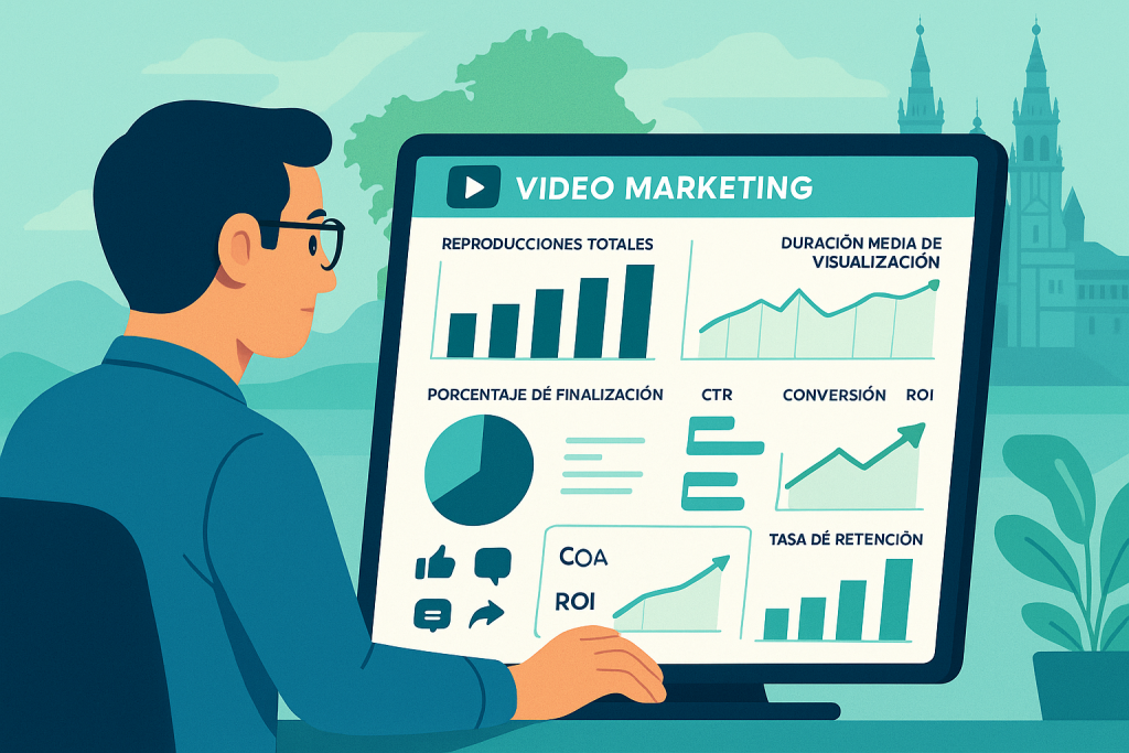 Iconos de los principales KPIs de vídeo marketing (reproducciones, tiempo medio de visualización, tasa de finalización, CTR, conversiones, ROI y retención), acompañados de consejos para analizarlos y optimizar la estrategia.
