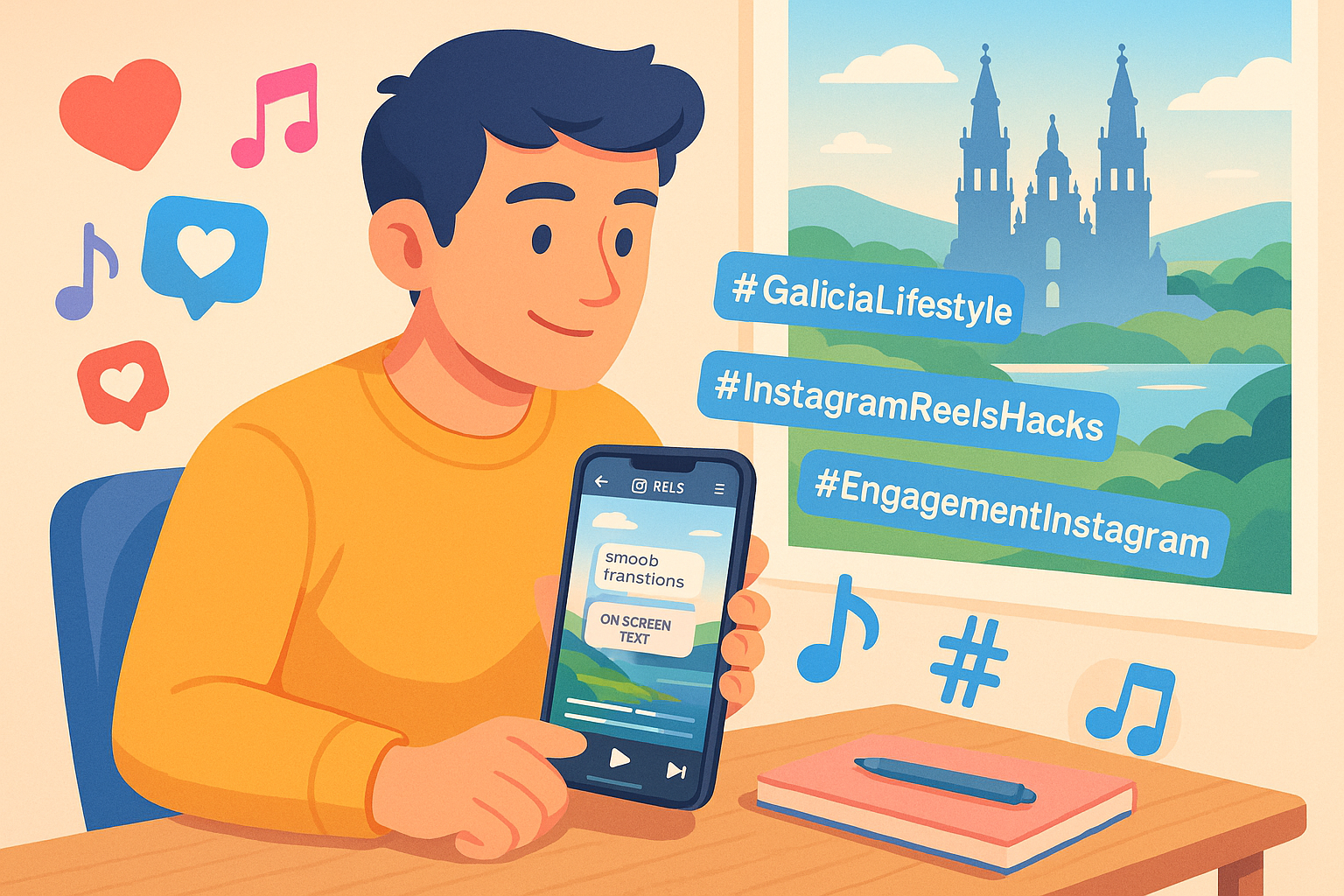 Ilustración con 11 claves para potenciar el alcance orgánico de Instagram Reels en Galicia: calidad de video, hashtags, audio viral, timing, engagement y colaboraciones.