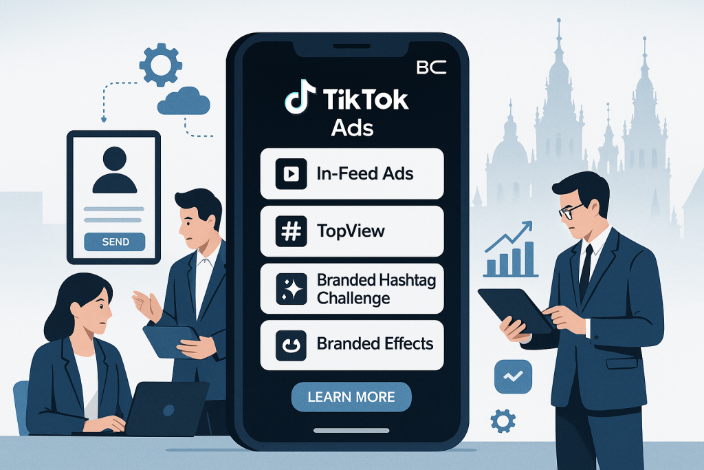 Resumen de TikTok Ads B2B para generación de leads: audiencia en Galicia y Santiago de Compostela, contenido creativo, formatos In-Feed y TopView, segmentación avanzada, CTAs claros, integración con CRM, medición de métricas y colaboraciones con influencers.