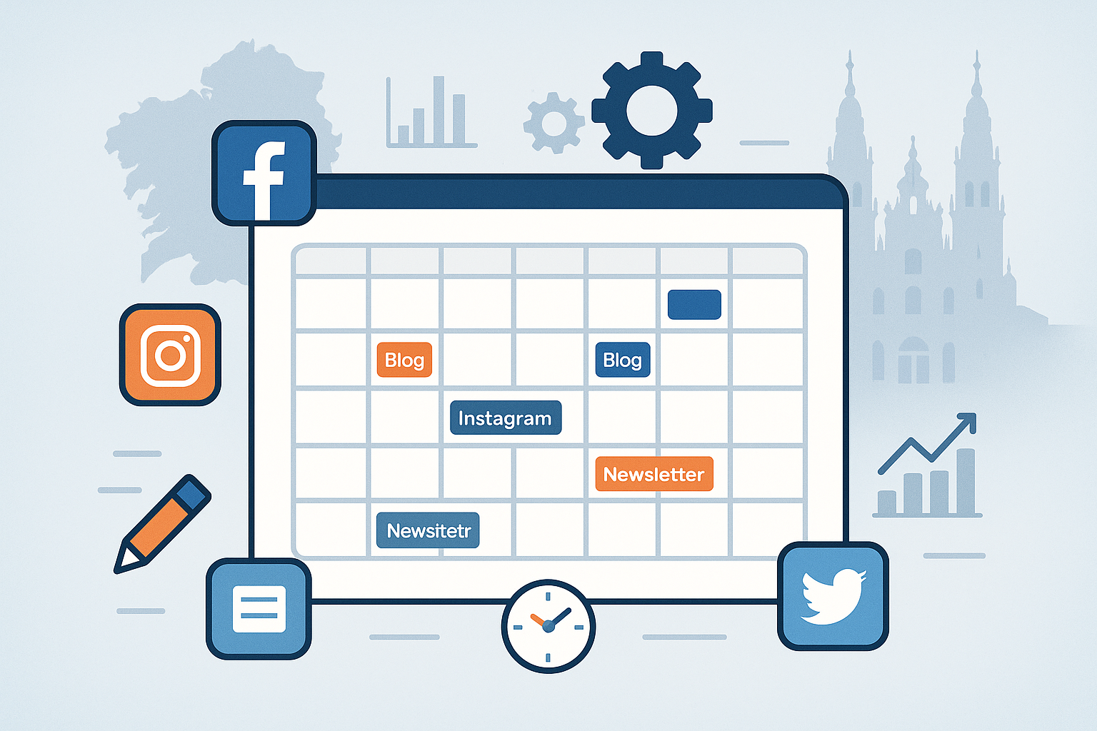Calendario de contenidos cross-platform con iconos de redes sociales, gráfico de analítica y programación automatizada de publicaciones.
