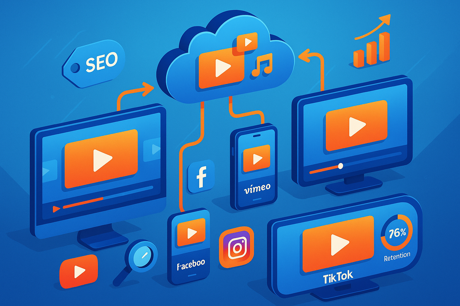 Resumen visual de la sindicación de vídeo para amplificar alcance, engagement y SEO mediante distribución multicanal y automatización.