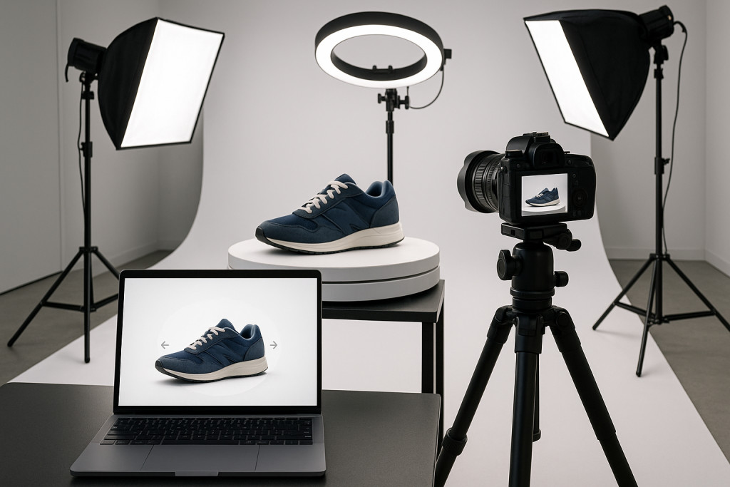 Imagen 360° interactiva de un producto mostrado sobre mesa giratoria con iluminación profesional para enriquecer la experiencia de compra y reducir devoluciones.