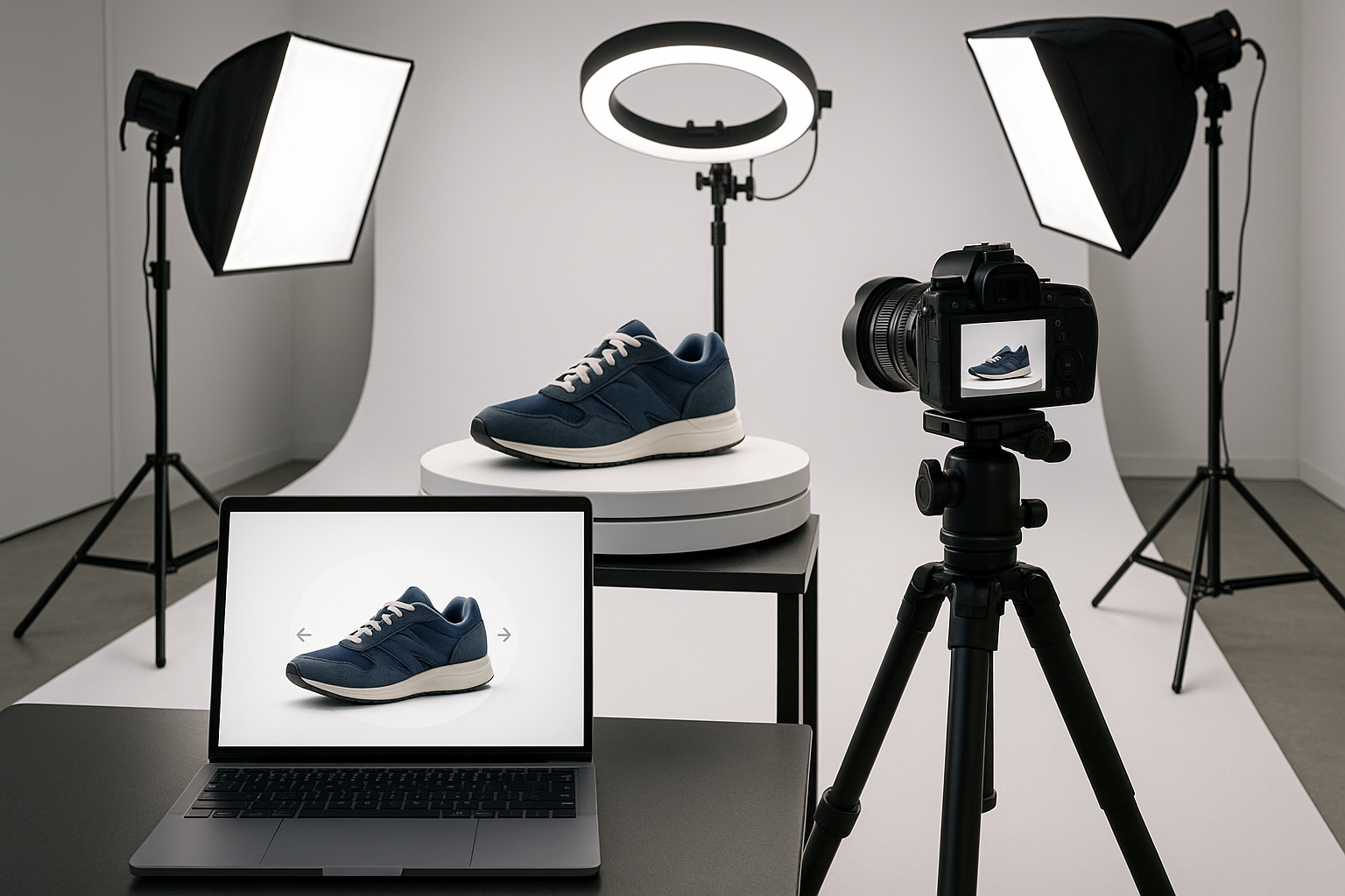 Imagen 360° interactiva de un producto mostrado sobre mesa giratoria con iluminación profesional para enriquecer la experiencia de compra y reducir devoluciones.