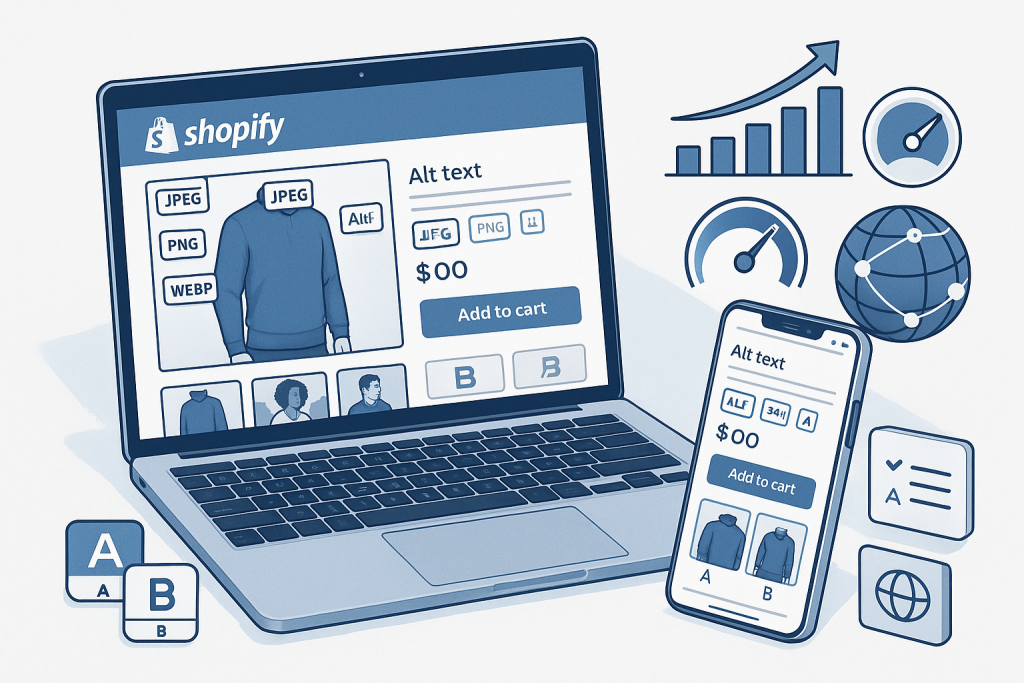 Optimización de imágenes en Shopify para acelerar la carga, mejorar el SEO con alt text y dimensiones adecuadas, emplear formatos JPEG/PNG/WebP, CDN y pruebas A/B.