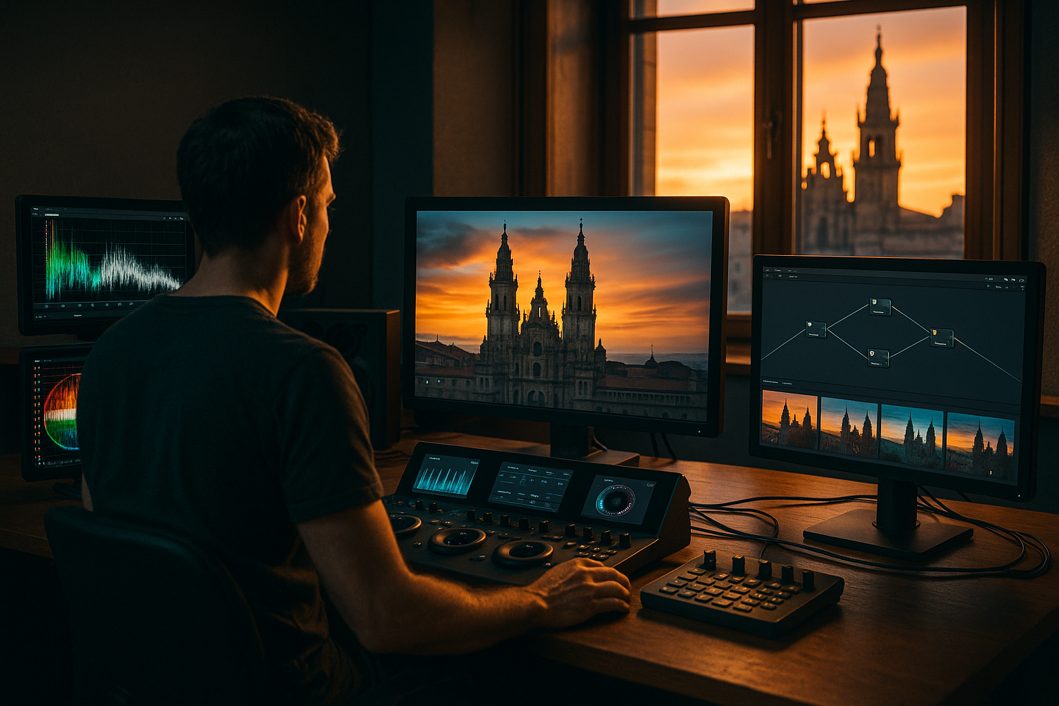 Resumen del proceso de color grading cinematográfico: uso de LUTs 1D y 3D, nodos seriales y paralelos en DaVinci Resolve, consejos de consistencia y emoción, y formación especializada en Santiago de Compostela.