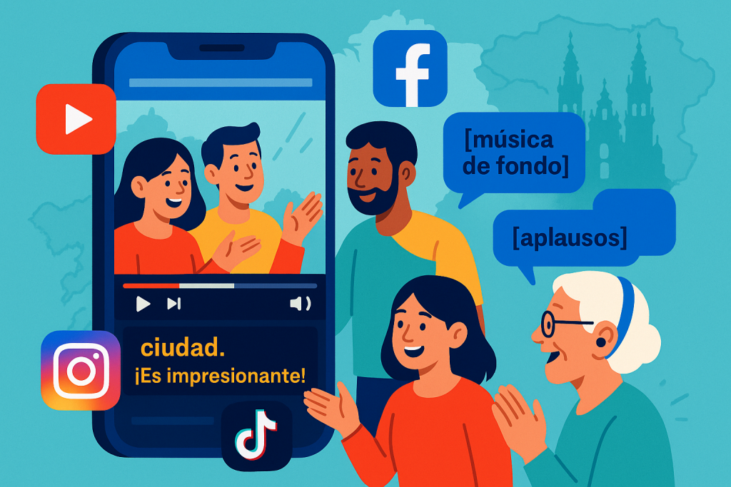 Video en smartphone y ordenador con subtítulos visibles y iconos de accesibilidad, rodeado de los logotipos de YouTube, Facebook, Instagram y TikTok.