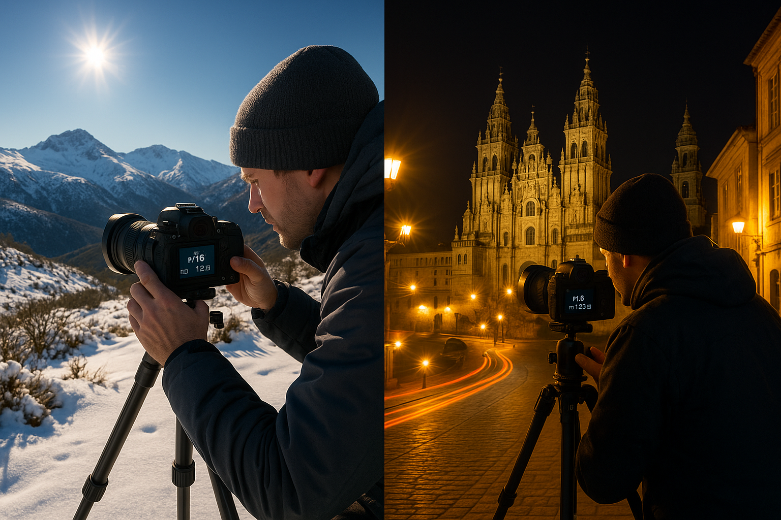 Control de exposición (apertura, obturación, ISO) con filtros ND y HDR para escenas de alto contraste en Galicia y Santiago.
