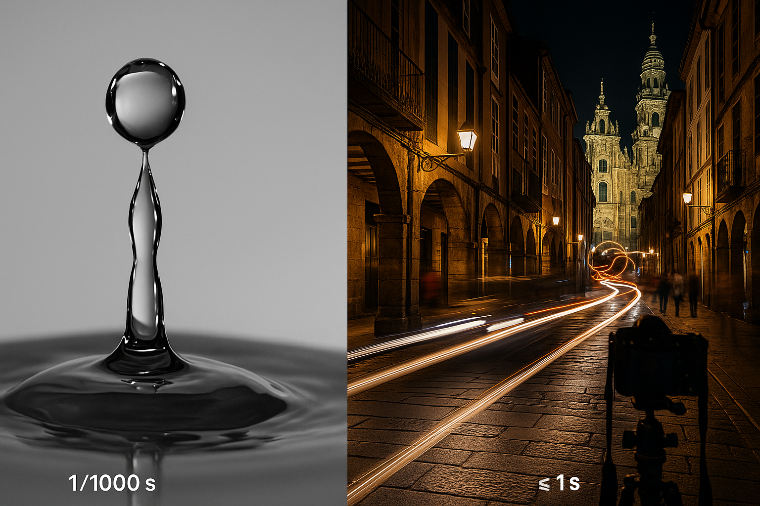 Imagen resumen de técnicas de velocidad de obturación en fotografía: congelar acción, desenfoque de movimiento (motion blur), panning y exposiciones largas.