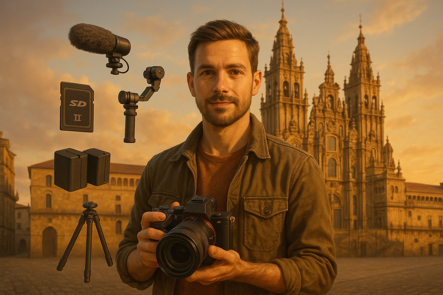 Infografía resumen de la guía de cámaras híbridas 2025 en Galicia: tendencias en sensor y vídeo 8K, comparativa Sony A7IV, Canon EOS R7, Panasonic S5II y Fujifilm X-T5, consejos de compra y puntos de prueba en Santiago de Compostela.