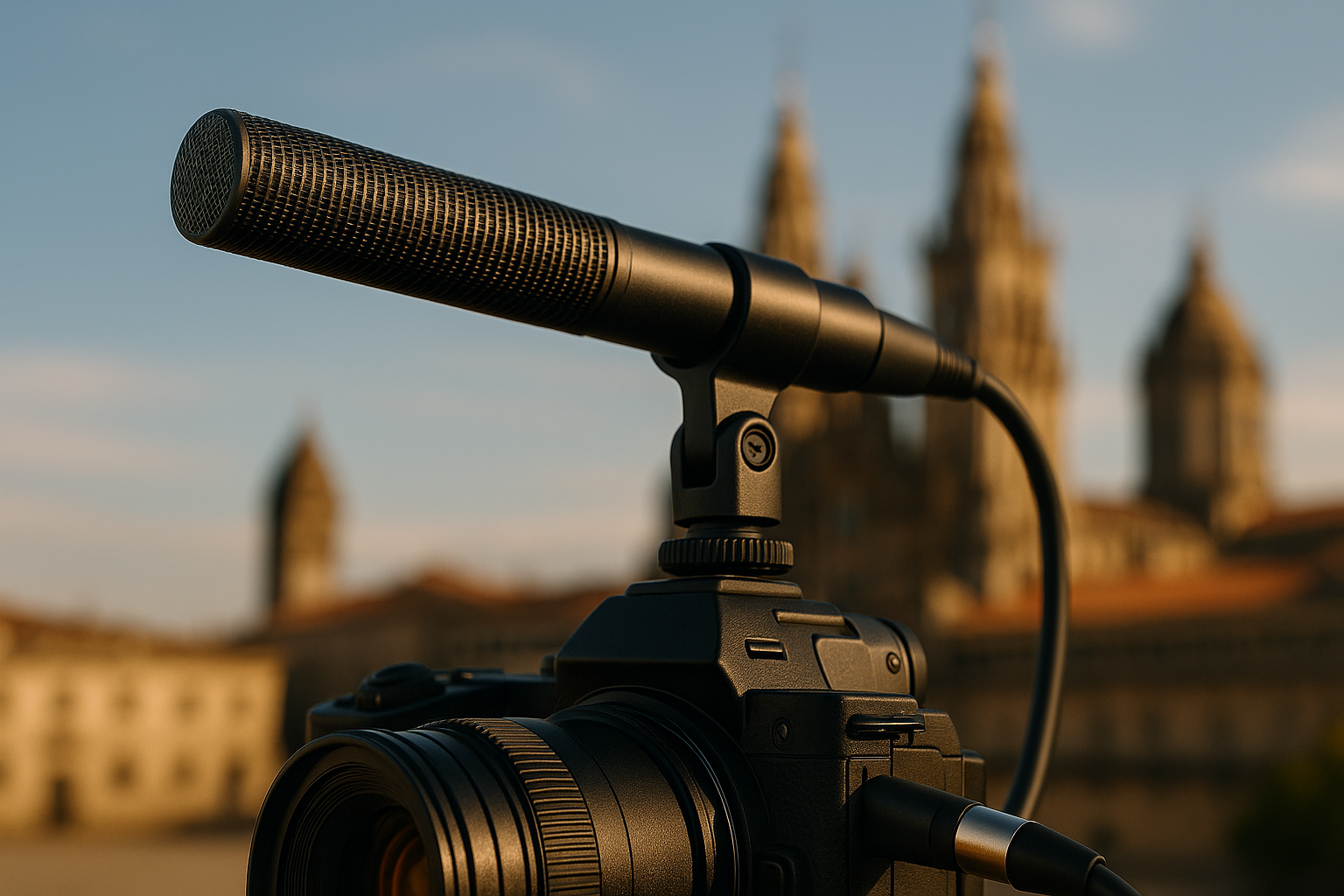 Micrófono shotgun direccional en grabación de vídeo marketing, mostrando su patrón polar, rechazo de ruido ambiental, versatilidad y cuatro modelos populares (Rode NTG4+, Sennheiser MKE 600, Audio-Technica AT875R y Deity V-Mic D3 Pro).