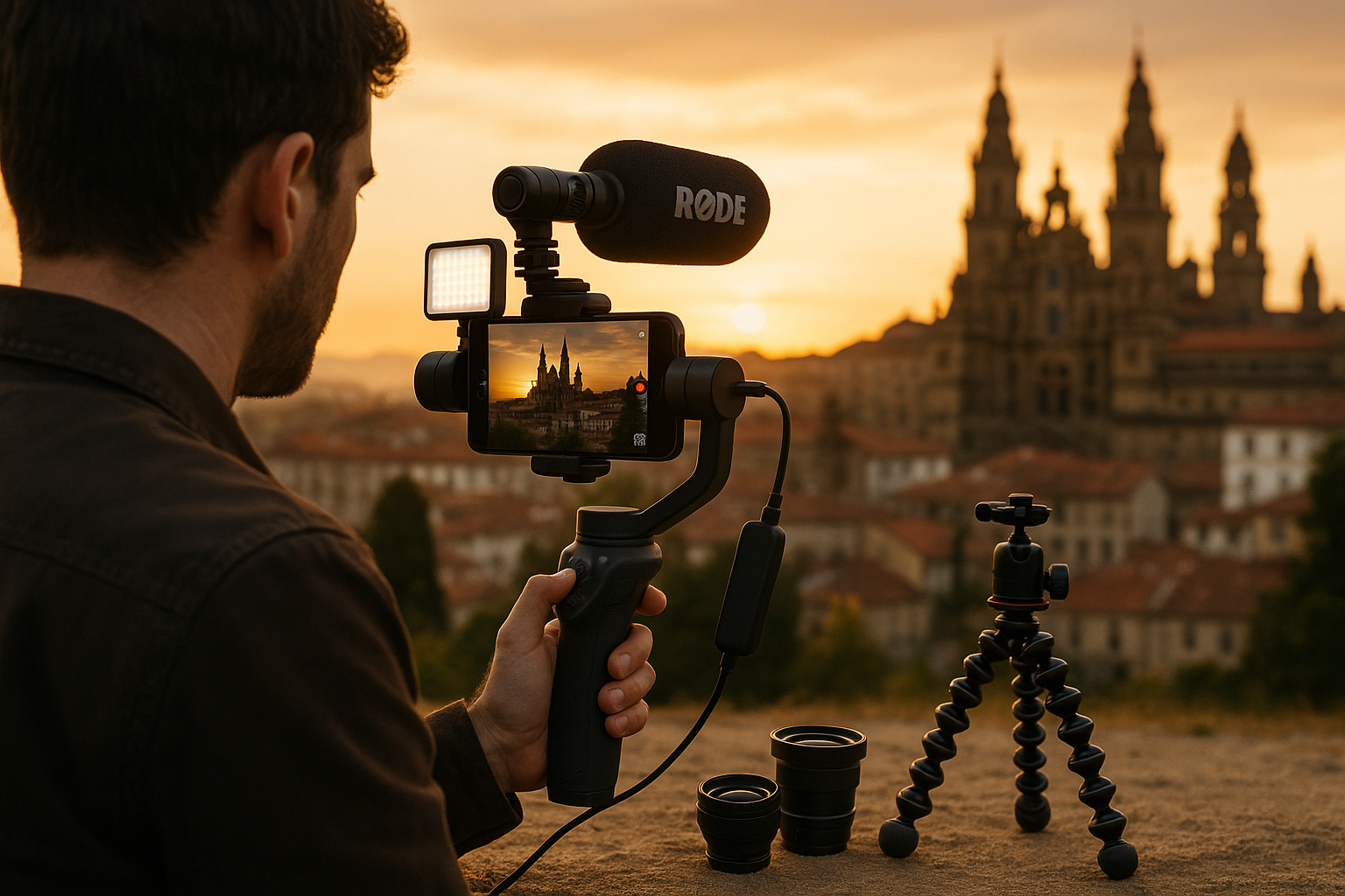 alt="Accesorios profesionales para rodaje móvil: gimbal, micrófono externo, iluminación portátil, lentes, trípode, baterías y apps de filmación"